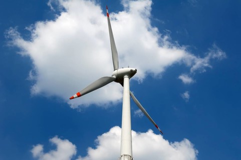 Wind turbine against cloudy sky, Karsberg, Upper Franconia, Bavaria, Germany