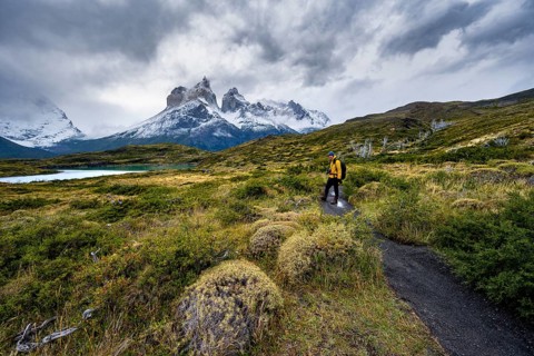 Hikers on the way to the Mirador de los Cuernos, Cuernos del Paine mountain range, dramatic sky,