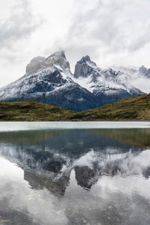 Cuernos del Paine mountain range, reflection in Lago Nordenskjöld, Torres del Paine National Park,