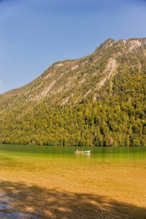 Rowing boat on the Königssee, mountain lake in the municipality of Schönau am Königssee, district