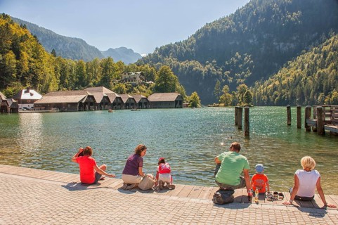 Tourists camp at Königssee, mountain lake in the municipality of Schönau am Königssee, district of