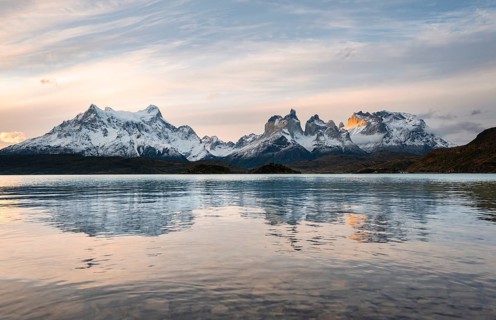 Cuernos del Paine mountain range at sunset, reflection in Lago Pehoe, Torres del Paine National