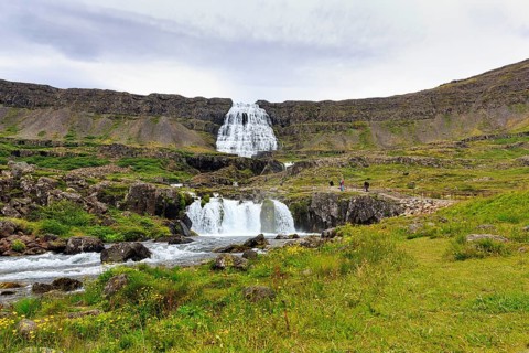 Dynjandi, Dynjandifoss or Fjallfoss, tourists, hikers at the waterfall in summer, river Dynjandisá,