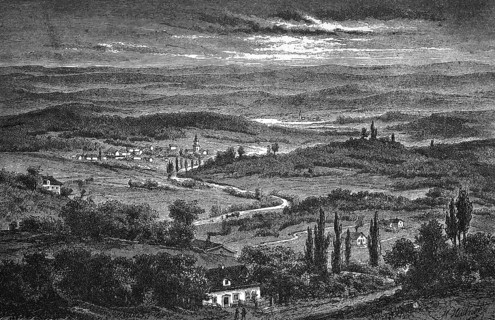 Hilly landscape near Arnstadt, forest, sandy road with horse-drawn carriage, village with church,