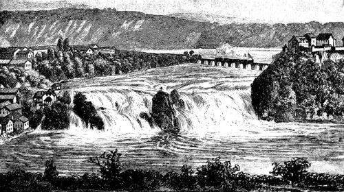 Rhine Falls near Schaffhausen, cascades, border area, bridge, rocky islands, mountain landscape,
