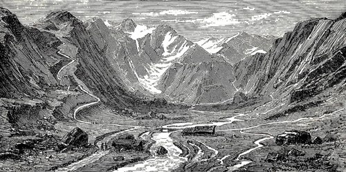 Pinzgau with high mountain valley, river course, agricultural farms, pass roads, snow-covered