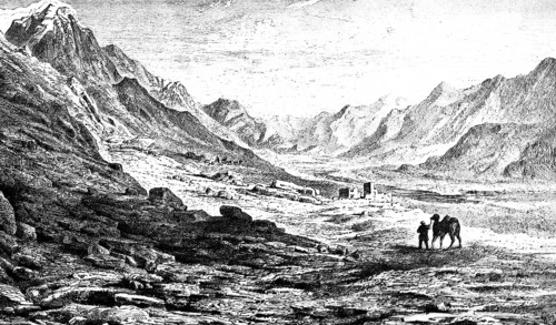 Barren mountain landscape in Turkistan, valley, scree, rocks, man leading camel, house, solitude,