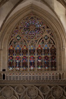 Interior view, stained glass window, coloured church windows, Cathédrale Notre-Dame de Bayeux,