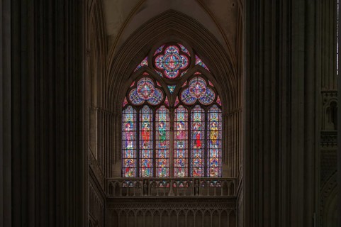 Interior view, stained glass window, coloured church windows, Cathédrale Notre-Dame de Bayeux,