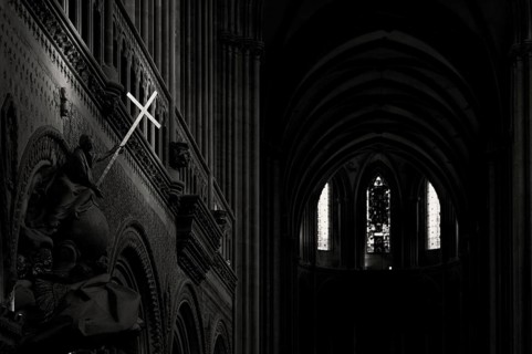 Interior view, angel on pulpit, holding a shining sword, Cathédrale Notre-Dame de Bayeux, black and