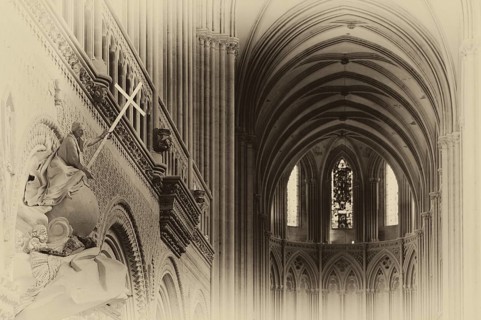 Interior shot, angel on pulpit, holding a shining sword, Cathédrale Notre-Dame de Bayeux, black and