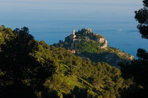 Picturesque mountain village above the sea, sunset, Èze, Cote d'Azur, Alpes-Maritimes,
