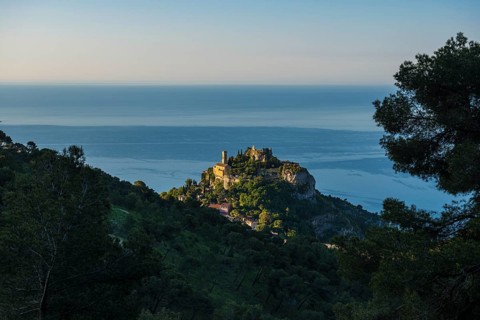 Picturesque mountain village above the sea, sunrise, Èze, Cote d'Azur, Alpes-Maritimes,