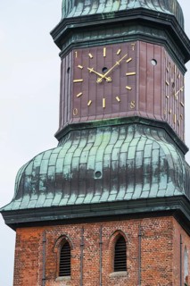 Church tower with clock, St Laurentius Church, town church, market, old town, Tönning, North