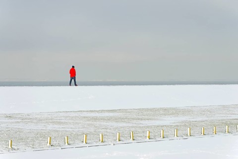 Winter day, onset of winter, snow on the North Sea coast, person walking over a dyke, North Sea,