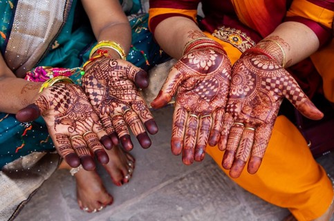 Hands painted with henna, Mehrangarh or Meherangarh Fortress, Jodhpur, Rajasthan, India