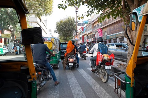 Street scene seen from a rickshaw or tuk tuk, old town of Jodhpur, Rajasthan, India
