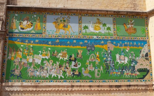 Wall painting at the Tor tor of the Mehrangarh or Meherangarh fortress, Jodhpur, Rajasthan, India