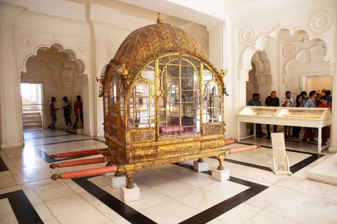 Golden palanquin in the Mehrangarh or Meherangarh fortress, Jodhpur, Rajasthan, India
