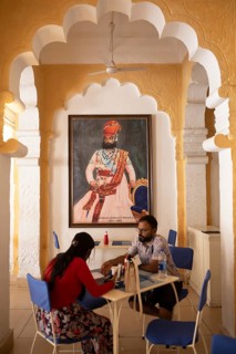 Picture of a mahajah in a café in the Mehrangarh or Meherangarh fortress, Jodhpur, Rajasthan, India