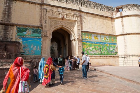 Indian tourists at the Tor tor of Mehrangarh or Meherangarh Fort, Jodhpur, Rajasthan, India