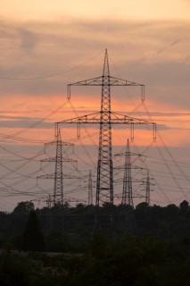 Sunset with numerous electricity pylons and a calm, dramatic atmosphere, Waiblingen,