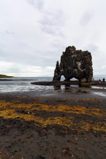 Tourists at the basalt rock Hvitserkur, famous Elephant Rock on the lava beach, coastline, Vatnsnes