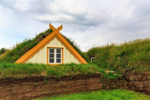 Grass sod house, green roof, peat farm or peat museum Glaumbaer or Glaumbær, open-air museum,
