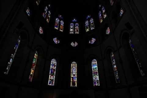 Stained glass window, coloured church window, choir with altar, interior view, Église Notre-Dame