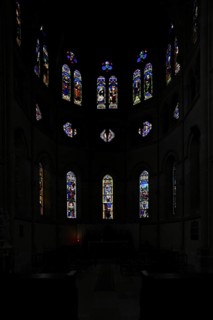 Stained glass window, coloured church window, choir with altar, interior view, Église Notre-Dame
