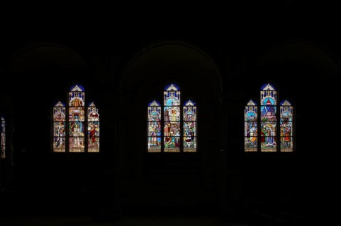 Interior view, stained glass window, coloured stained glass, church Église Saint-Pierre et