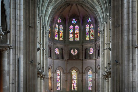Stained glass window, coloured church window, choir, interior view, Église Notre-Dame Cathedral,