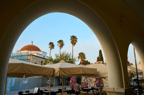 Agora, Municipal Market Hall, A courtyard with arcades and parasols, lined with palm trees and