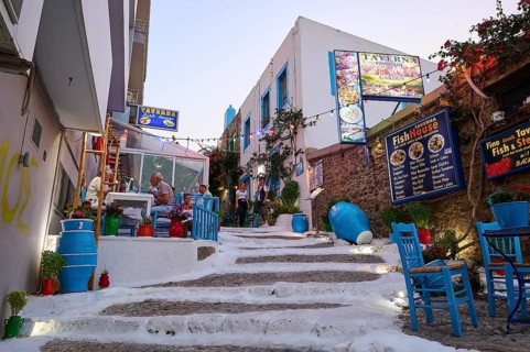 Riga Fereou, Steps of Kos, famous alley, narrow staircase in picturesque alleyway with taverns and