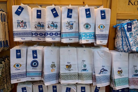 Ifestou Alley, Decorated kitchen towels with Greek motifs as souvenirs, Kos Town, Kos, Dodecanese,