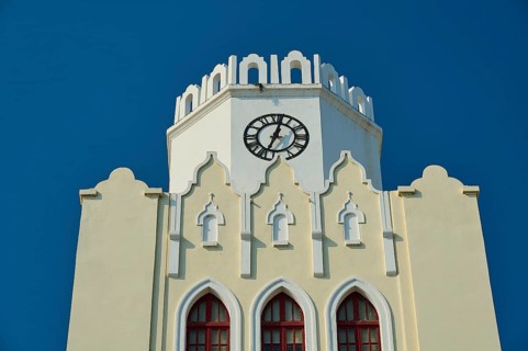 Palace of Justice, colonial building, detailed view of a white clock tower with distinctive