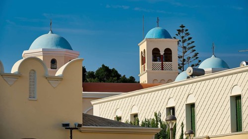 Church, Panagia Agia Paraskevi, Traditional architecture with blue domes and bell tower, Kos Town,
