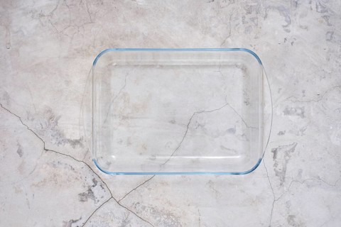 Overhead view of empty glass rectangular baking dish