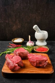 Several cuts of fresh beef tenderloin are arranged on a wooden cutting board, surrounded by spices