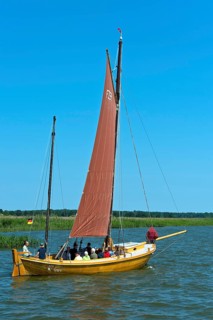 Zeesenboot sailing on the Achterwasser near Krummin, Usedom Island, Mecklenburg-Vorpommern, Germany