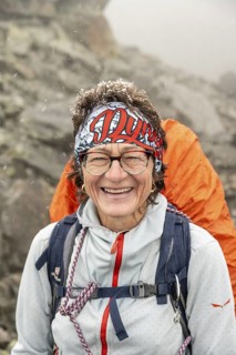 Laughing woman, portrait, mountaineer with snow in her hair, Hornscharte, Wiener Höhenweg, Schober