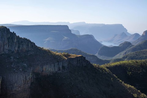 View of the Blyde River gorge, Lowveld Viewpoint, in the evening light, canyon landscape, Blyde