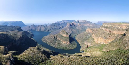 Blyde River Canyon with Three Rondawels peak, view of canyon with Blyde River and Table Mountains,