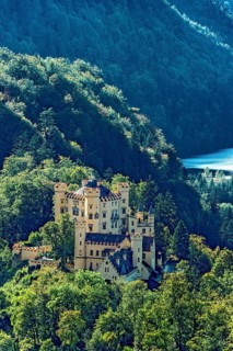 View from Neuschwanstein Castle to Hohenschwangau Castle, behind Schwansee, Schwangau,