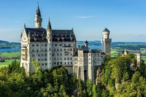 Neuschwanstein Castle by King Ludwig II above the Pöllat Gorge, fairytale castle in the