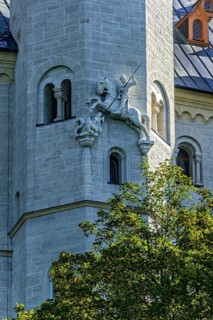 Sculpture of Sigurd the Dragon Slayer on the stair tower, Neuschwanstein Castle by King Ludwig II,