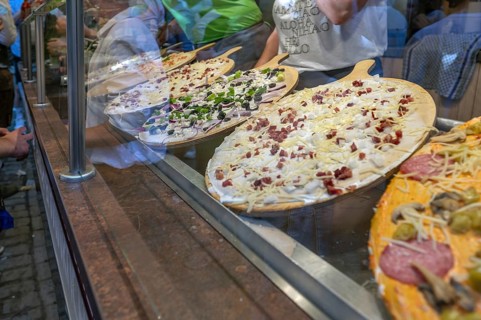 Various tarte flambée toppings at the Erlangen Bergkirchweih, traditional twelve-day folk festival,