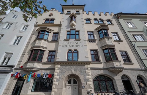 Renaissance façade of the town hall, Maria Hueber Platz, 3, Brixen, South Tyrol, Italy