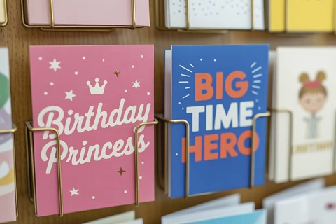 Rack with stereotypical pink and blue birthday greeting cards for children on a rack. Societal