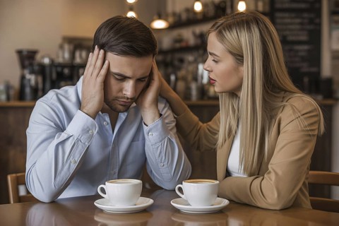 Female friend comforting male friend in café. Concept of mankeeping and women's invisible emotional